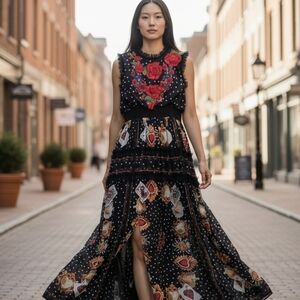 Embroidered Floral Polka Dot Print Maxi Dress – Black Multicolor – Women’s XL